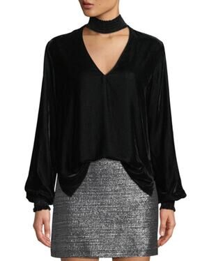 BAILEY 44 Black Velvet Choker V-Neckline Balloon Sleeve Blouse Top Shirt Size S